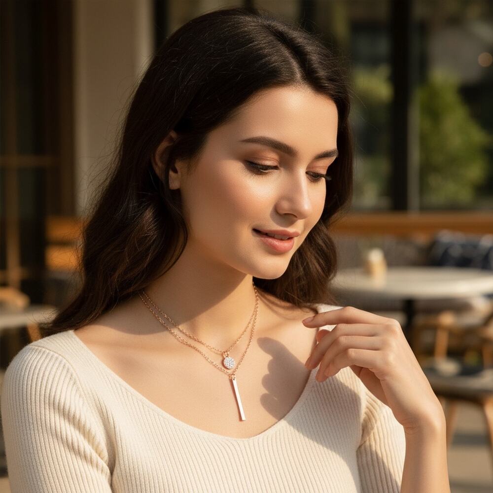 3/$25 - Rose Gold Layered Necklace Rhinestone Charm Bar Pendant Trendy Jewelry